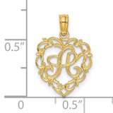 14k Yellow Gold Heart Pendant with Script Letter R, Ornate Initial Charm for Women