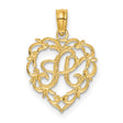14k Yellow Gold Heart Pendant with Script Letter R, Ornate Initial Charm for Women