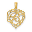 14k Yellow Gold Heart Pendant with Script Letter B, Filigree Monogram Charm for Women