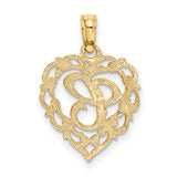 14k Yellow Gold Heart Pendant with Script Letter C, Filigree Monogram Charm