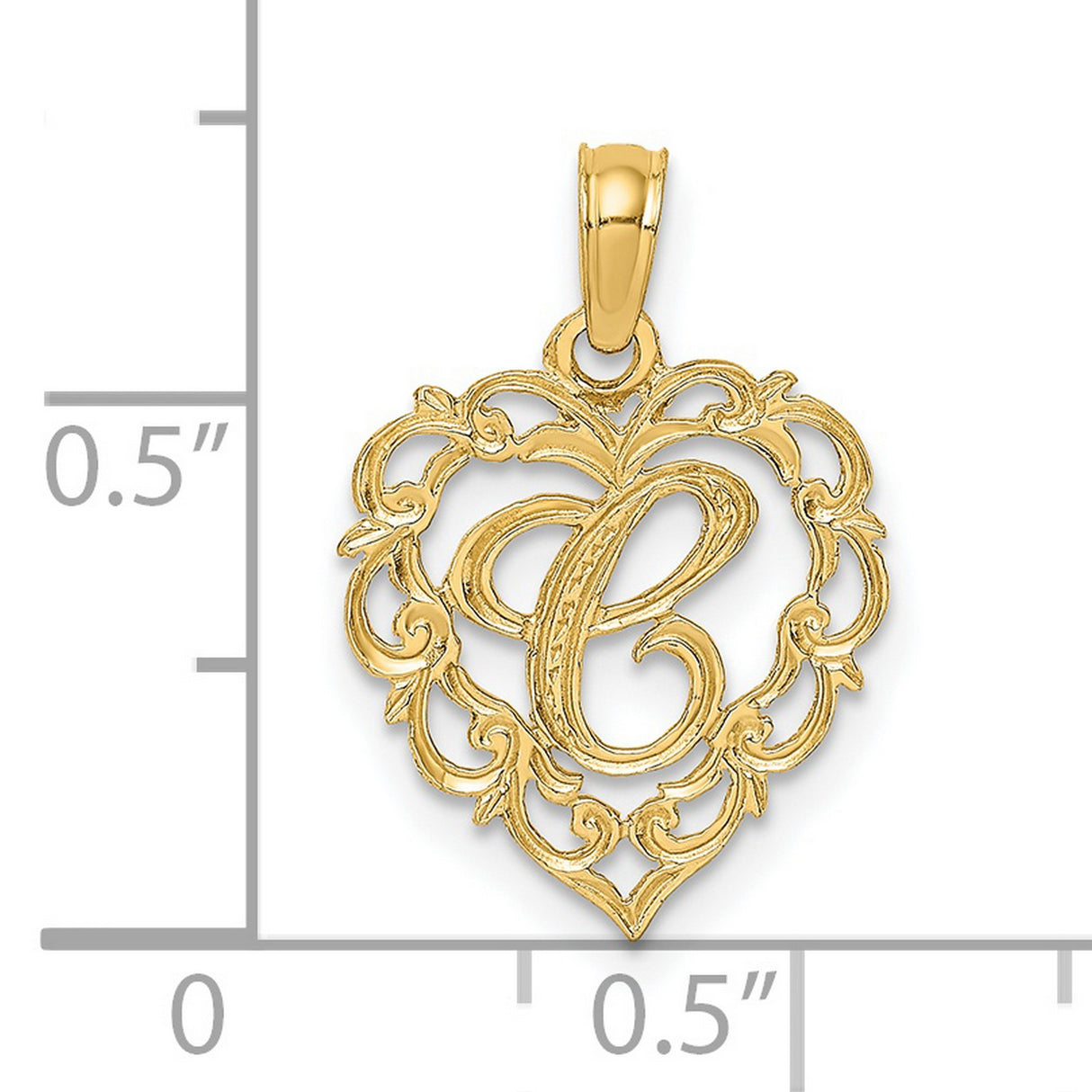 14k Yellow Gold Heart Pendant with Script Letter C, Filigree Monogram Charm