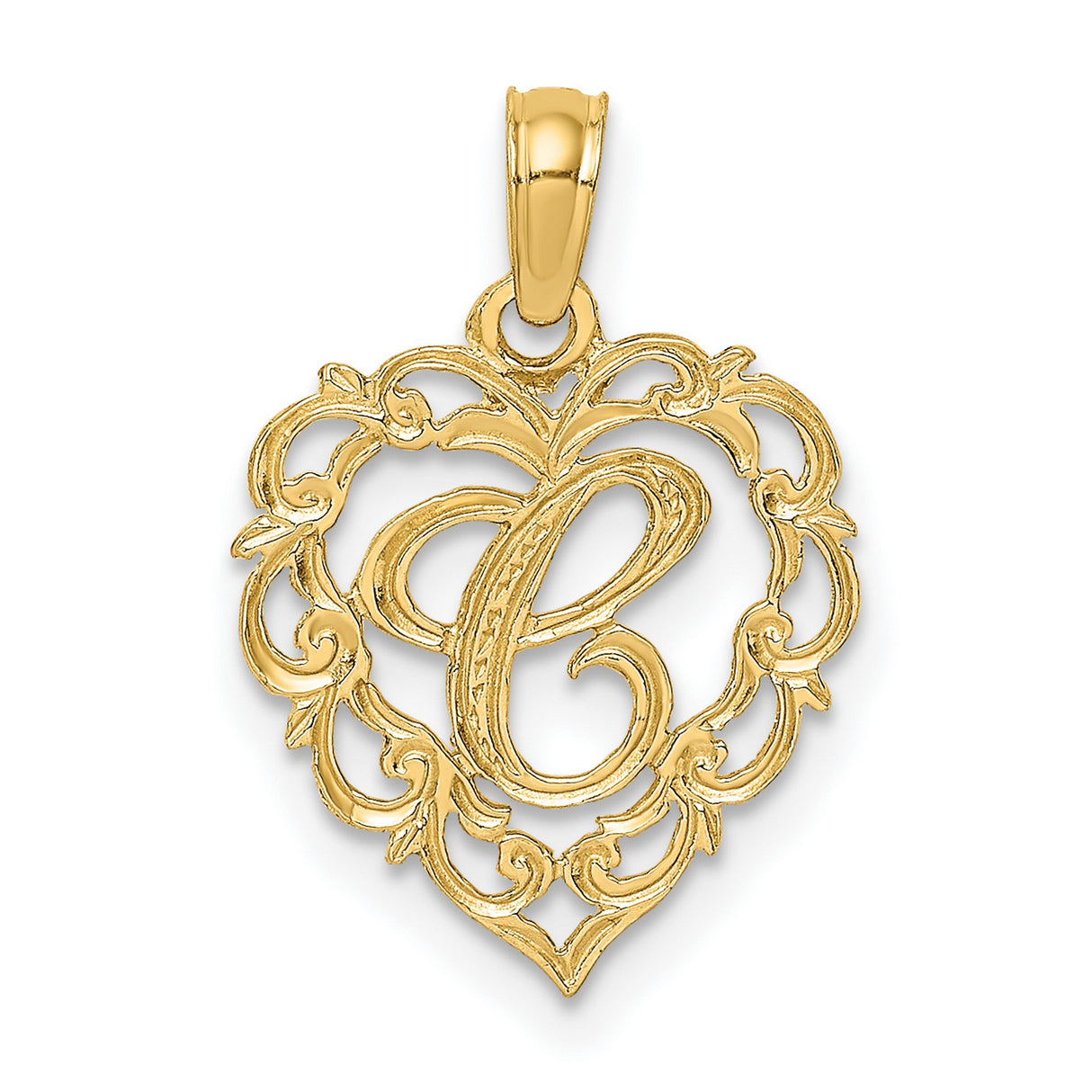 14k Yellow Gold Heart Pendant with Script Letter C, Filigree Monogram Charm