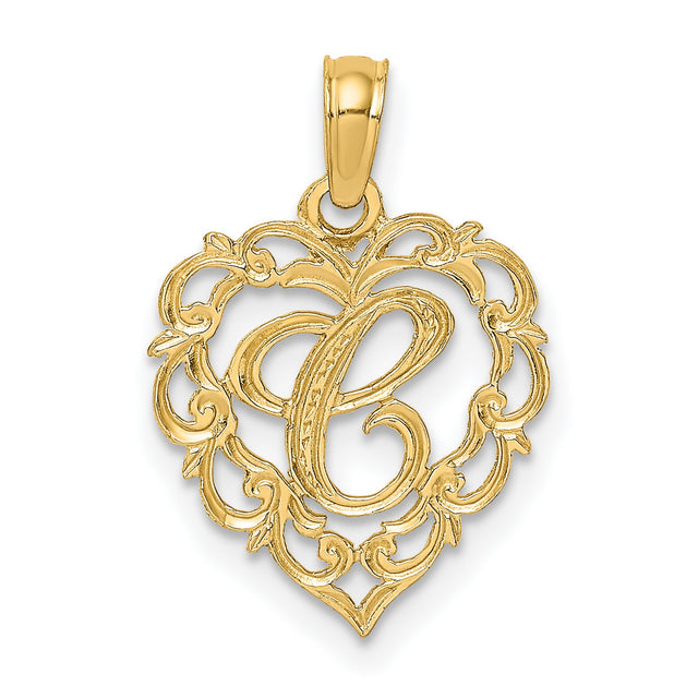 14k Yellow Gold Heart Pendant with Script Letter C, Filigree Monogram Charm