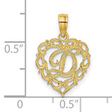 14k Yellow Gold Heart Pendant with Script Letter D, Filigree Monogram Charm for Women