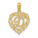 14k Yellow Gold Heart Pendant with Script Letter D, Filigree Monogram Charm for Women