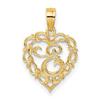 14k Yellow Gold Heart Pendant with Filigree Openwork Scroll Design for Women