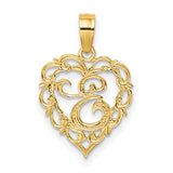 14k Yellow Gold Heart Pendant with Filigree Openwork Scroll Design for Women