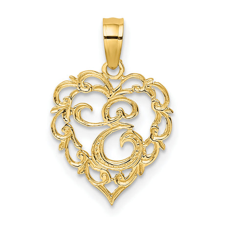 14k Yellow Gold Heart Pendant with Filigree Openwork Scroll Design for Women