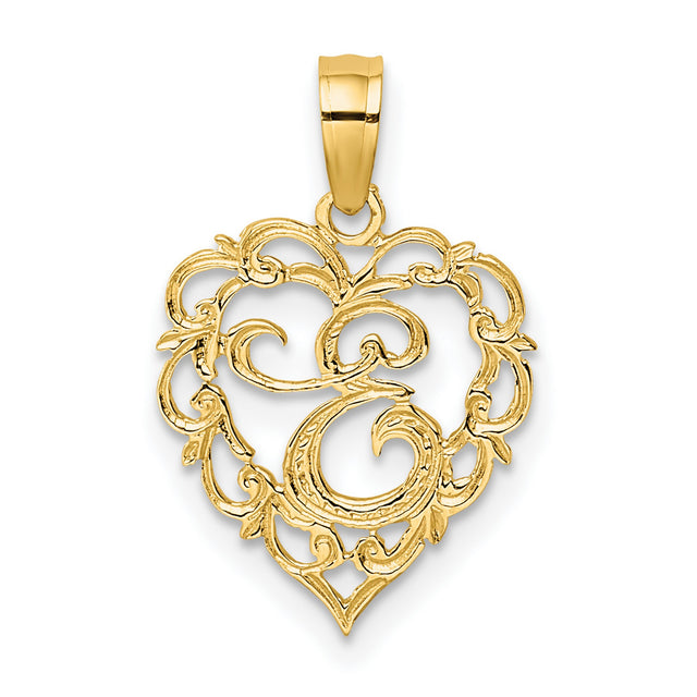 14k Yellow Gold Heart Pendant with Filigree Openwork Scroll Design for Women