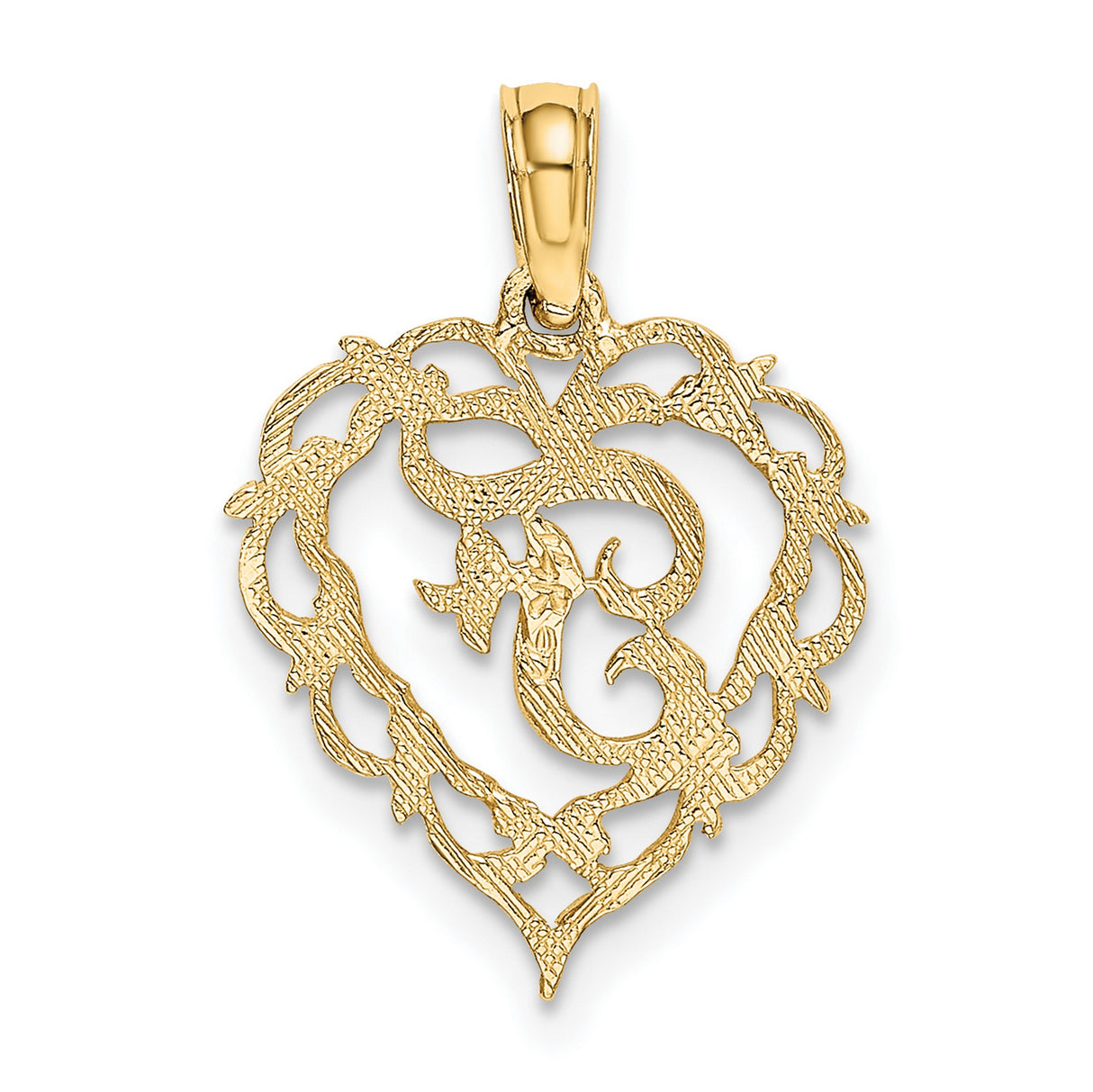 14k Yellow Gold Heart Pendant with Floral Design and Script Letter T Monogram