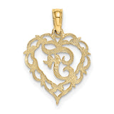 14k Yellow Gold Heart Pendant with Floral Design and Script Letter T Monogram