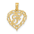 14k Yellow Gold Heart Pendant with Floral Design and Script Letter T Monogram