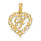 14k Yellow Gold Heart Pendant with Floral Design and Script Letter T Monogram