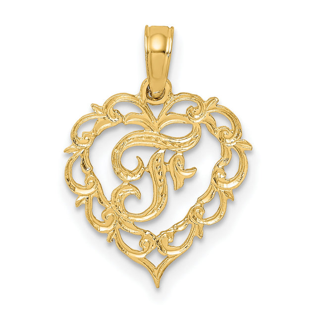 14k Yellow Gold Heart Pendant with Floral Design and Script Letter T Monogram