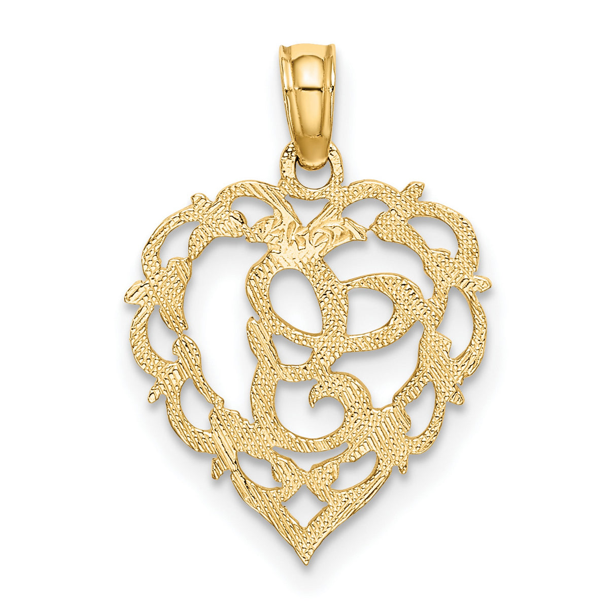 14k Yellow Gold Heart Pendant with Script Letter G and Filigree Scrollwork Design