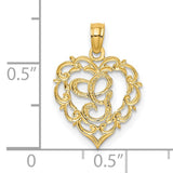 14k Yellow Gold Heart Pendant with Script Letter G and Filigree Scrollwork Design