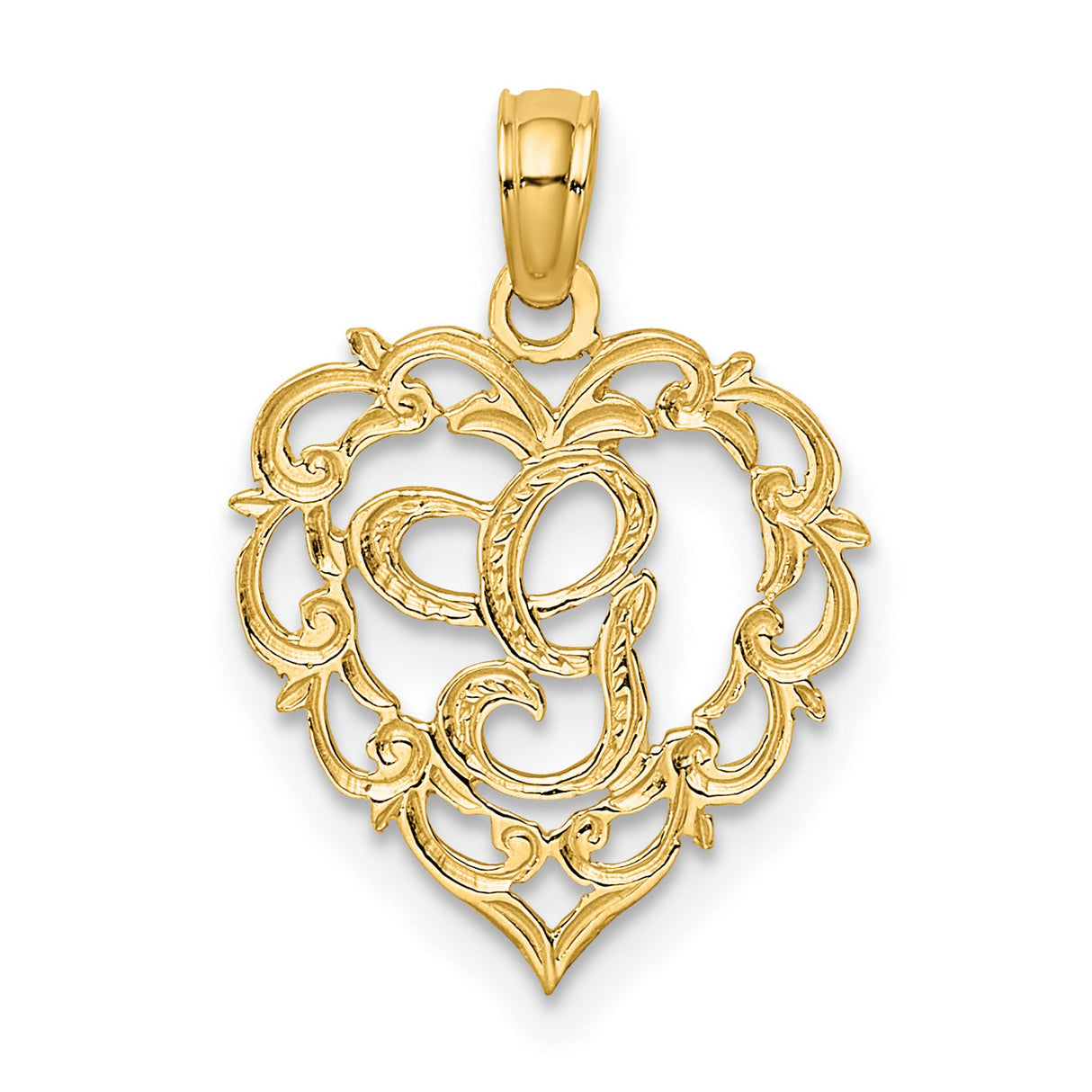 14k Yellow Gold Heart Pendant with Script Letter G and Filigree Scrollwork Design