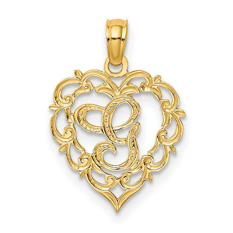 14k Yellow Gold Heart Pendant with Script Letter G and Filigree Scrollwork Design