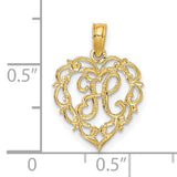 14k Yellow Gold Heart Pendant with Filigree Design and Script Letter L Charm