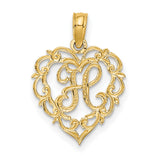 14k Yellow Gold Heart Pendant with Filigree Design and Script Letter L Charm