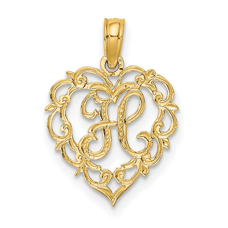 14k Yellow Gold Heart Pendant with Filigree Design and Script Letter L Charm