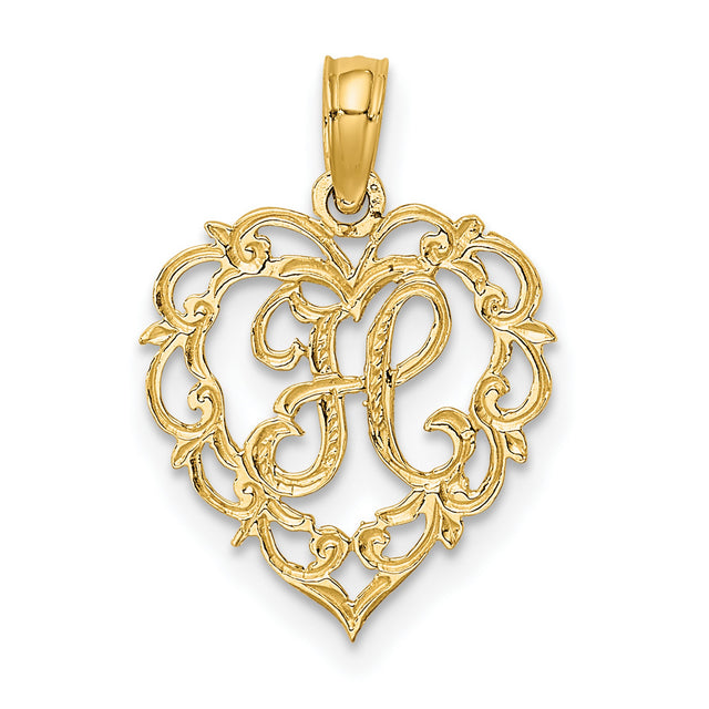 14k Yellow Gold Heart Pendant with Filigree Design and Script Letter L Charm