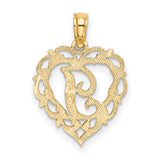 14k Yellow Gold Heart Pendant with Script Letter J, Filigree Initial Charm for Women