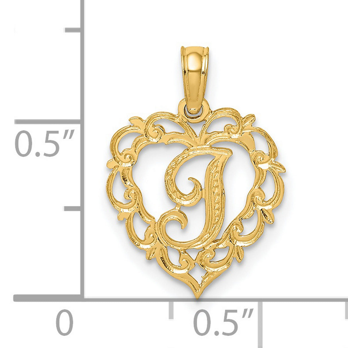 14k Yellow Gold Heart Pendant with Script Letter J, Filigree Initial Charm for Women