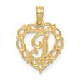 14k Yellow Gold Heart Pendant with Script Letter J, Filigree Initial Charm for Women