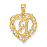 14k Yellow Gold Heart Pendant with Script Letter J, Filigree Initial Charm for Women