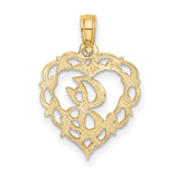 14k Yellow Gold Heart Pendant with Script Letter S and Ornate Scrollwork Charm