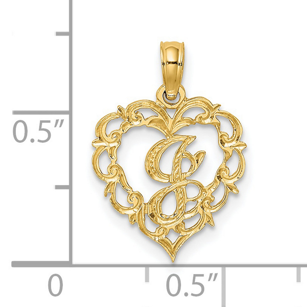 14k Yellow Gold Heart Pendant with Script Letter S and Ornate Scrollwork Charm