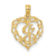 14k Yellow Gold Heart Pendant with Script Letter S and Ornate Scrollwork Charm