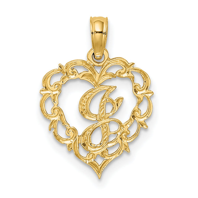 14k Yellow Gold Heart Pendant with Script Letter S and Ornate Scrollwork Charm