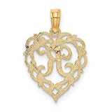 14k Yellow Gold Heart Pendant with Script Letter R, Ornate Filigree Design