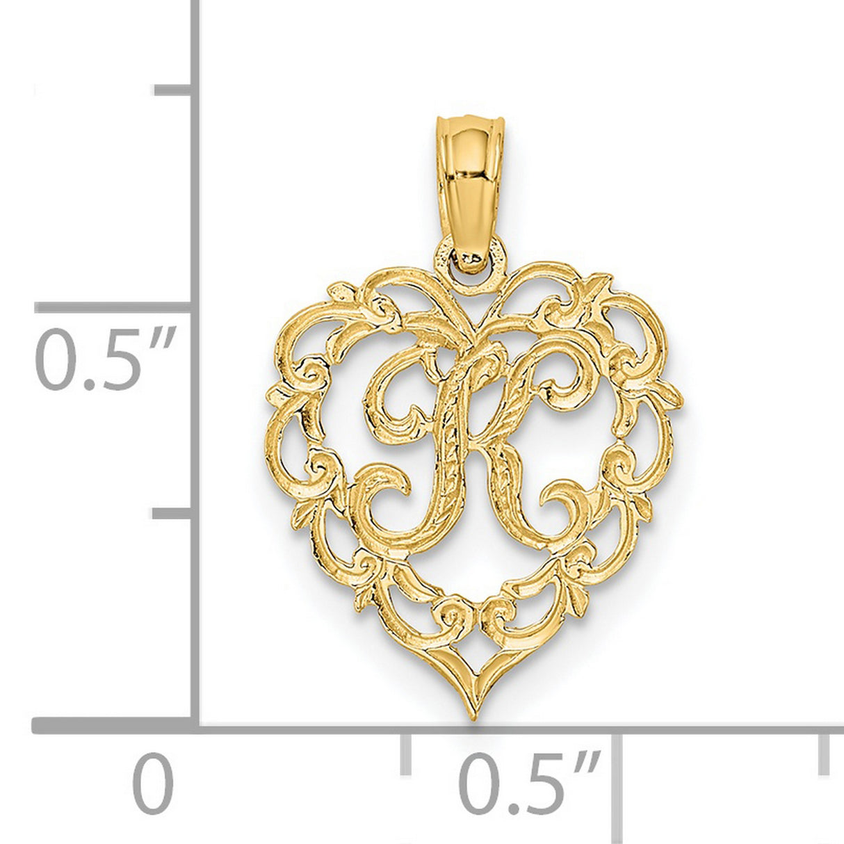 14k Yellow Gold Heart Pendant with Script Letter R, Ornate Filigree Design