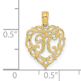 14k Yellow Gold Heart Pendant with Script Letter R, Ornate Filigree Design