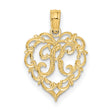 14k Yellow Gold Heart Pendant with Script Letter R, Ornate Filigree Design