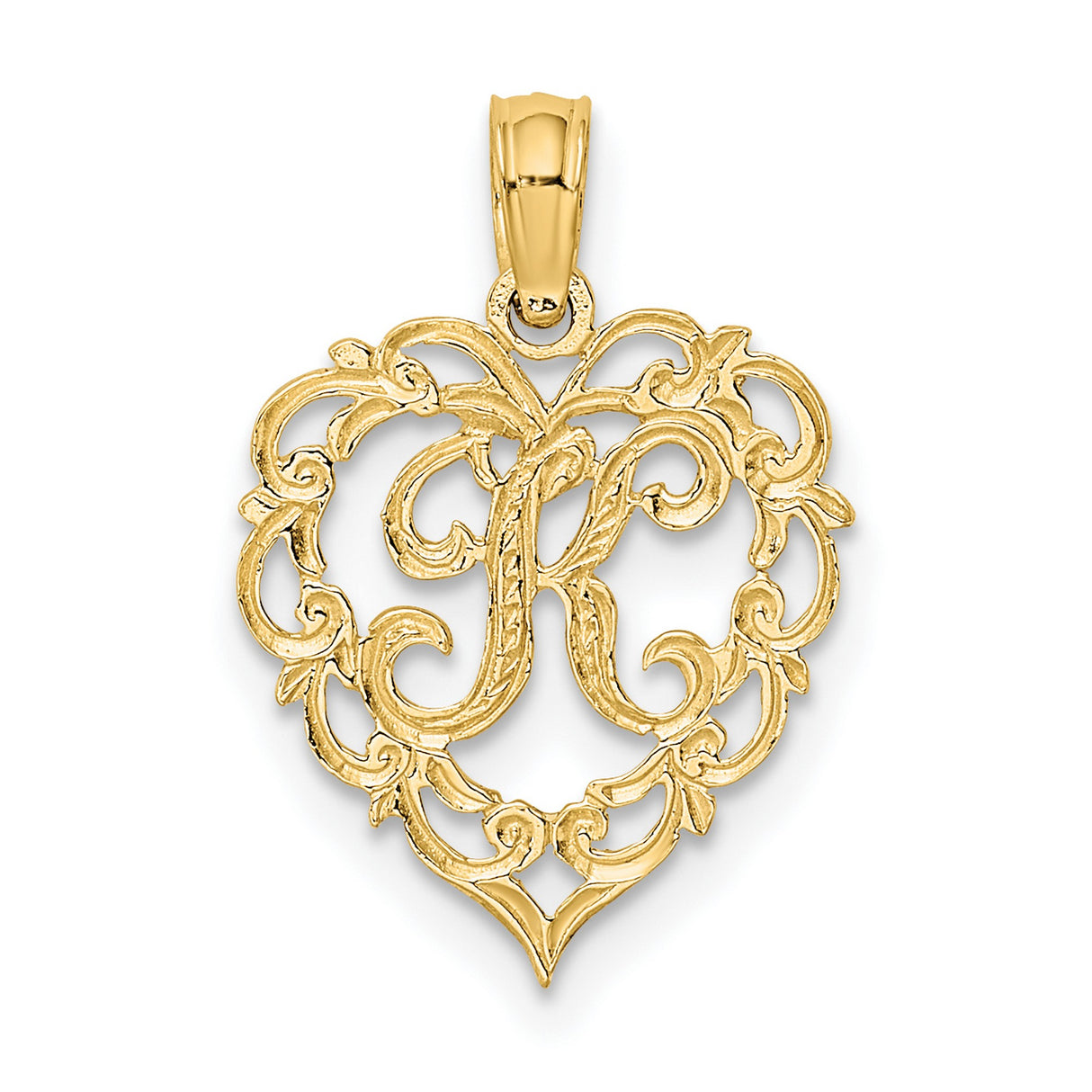 14k Yellow Gold Heart Pendant with Script Letter R, Ornate Filigree Design