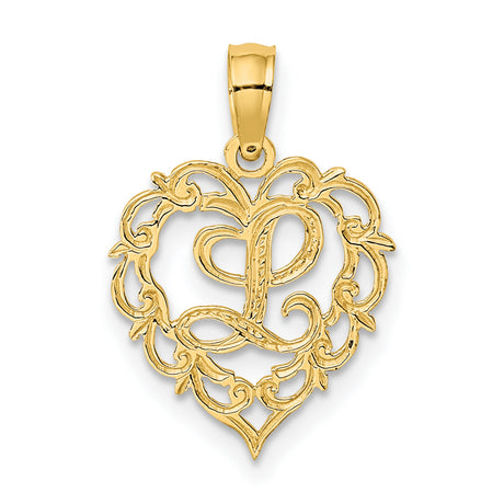 Heart Script Letter L Initial Charm Pendant in Real 14k Yellow Gold