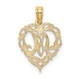 14k Yellow Gold Heart Pendant with Script Letter M, Filigree Monogram Charm