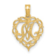 14k Yellow Gold Heart Pendant with Script Letter M, Filigree Monogram Charm