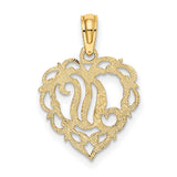 14k Yellow Gold Heart Pendant with Script Letter M, Ornate Filigree Design