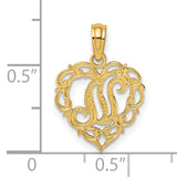 14k Yellow Gold Heart Pendant with Script Letter M, Ornate Filigree Design