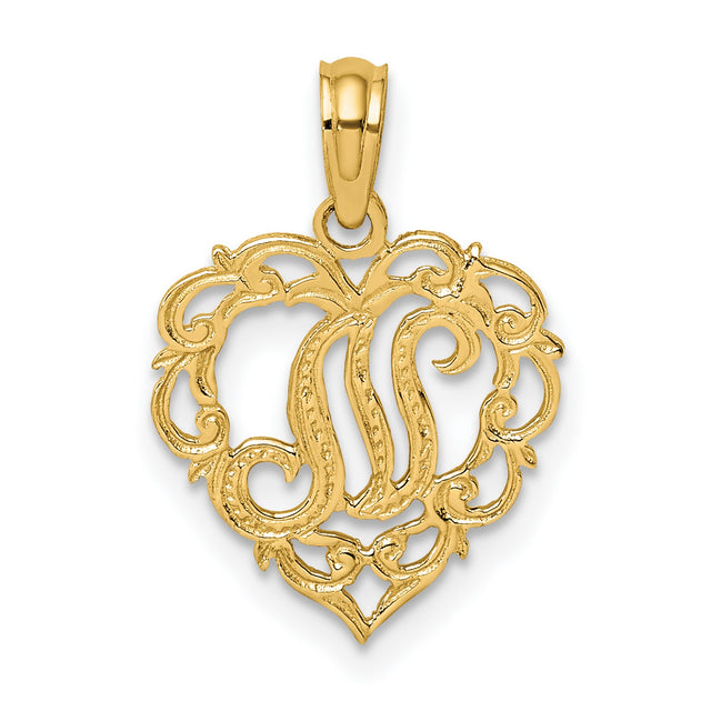 14k Yellow Gold Heart Pendant with Script Letter M, Ornate Filigree Design