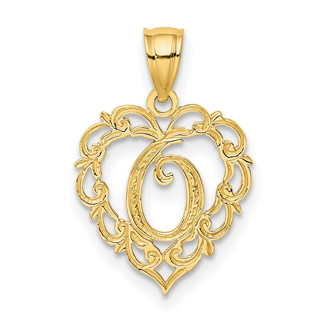 14k Yellow Gold Heart Pendant with Script Letter G, Filigree Monogram Design