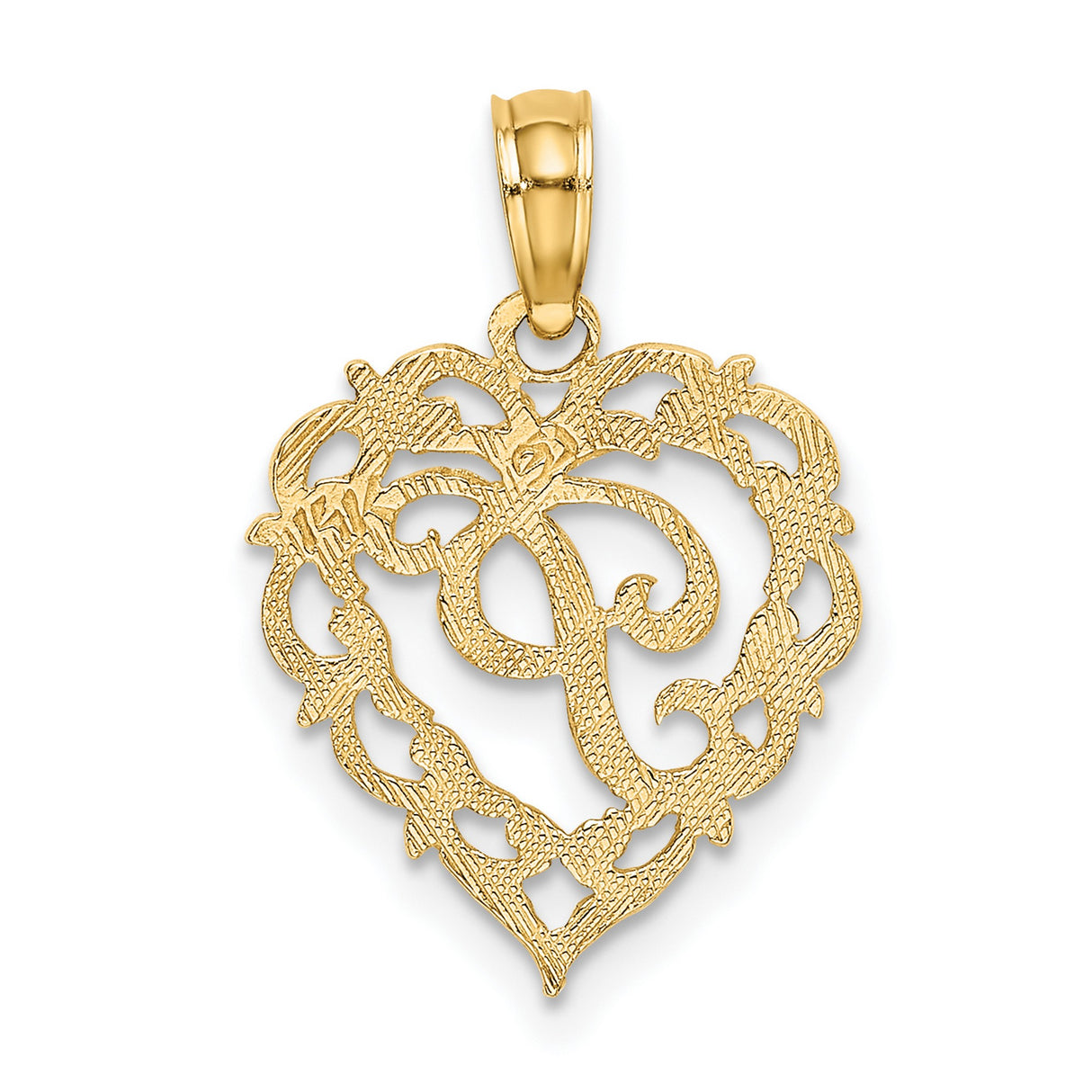 14k Yellow Gold Heart Pendant with Script Letter P and Filigree Scrollwork Design