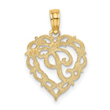 14k Yellow Gold Heart Pendant with Script Letter P and Filigree Scrollwork Design