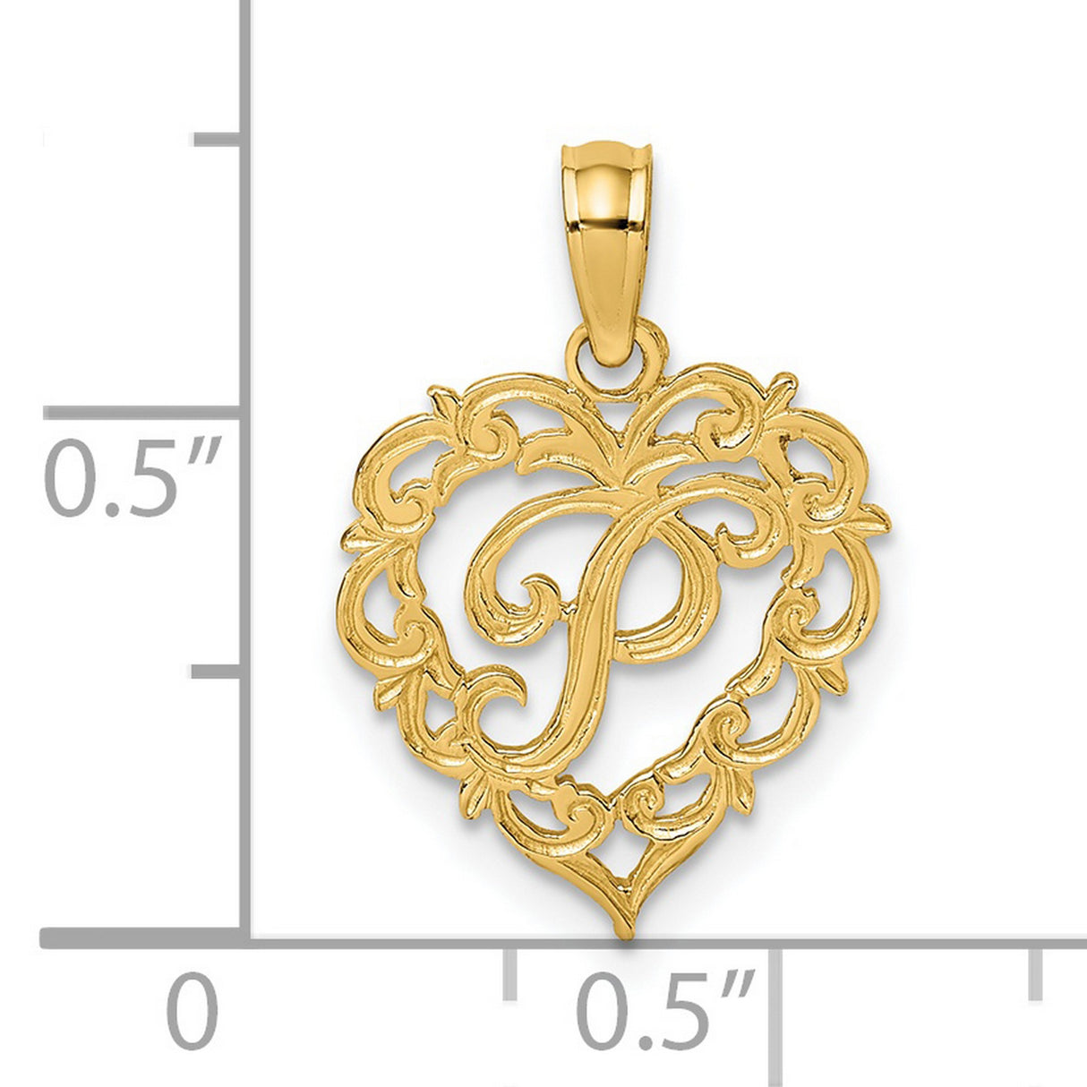 14k Yellow Gold Heart Pendant with Script Letter P and Filigree Scrollwork Design