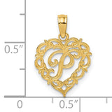 14k Yellow Gold Heart Pendant with Script Letter P and Filigree Scrollwork Design